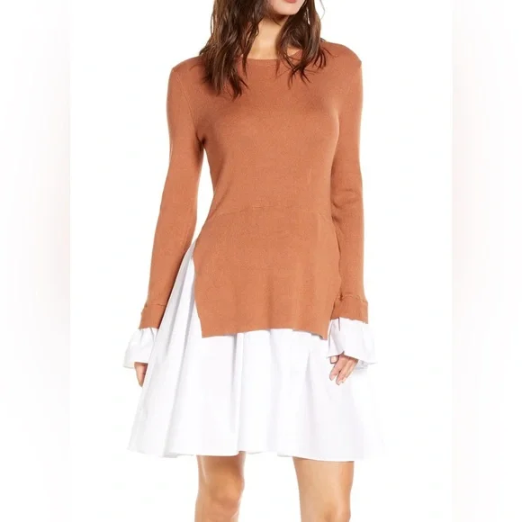 English Factory | Dresses | English Factory Combo Knit Poplin Dress Light  Brown Xs New Without Tags | Poshmark
